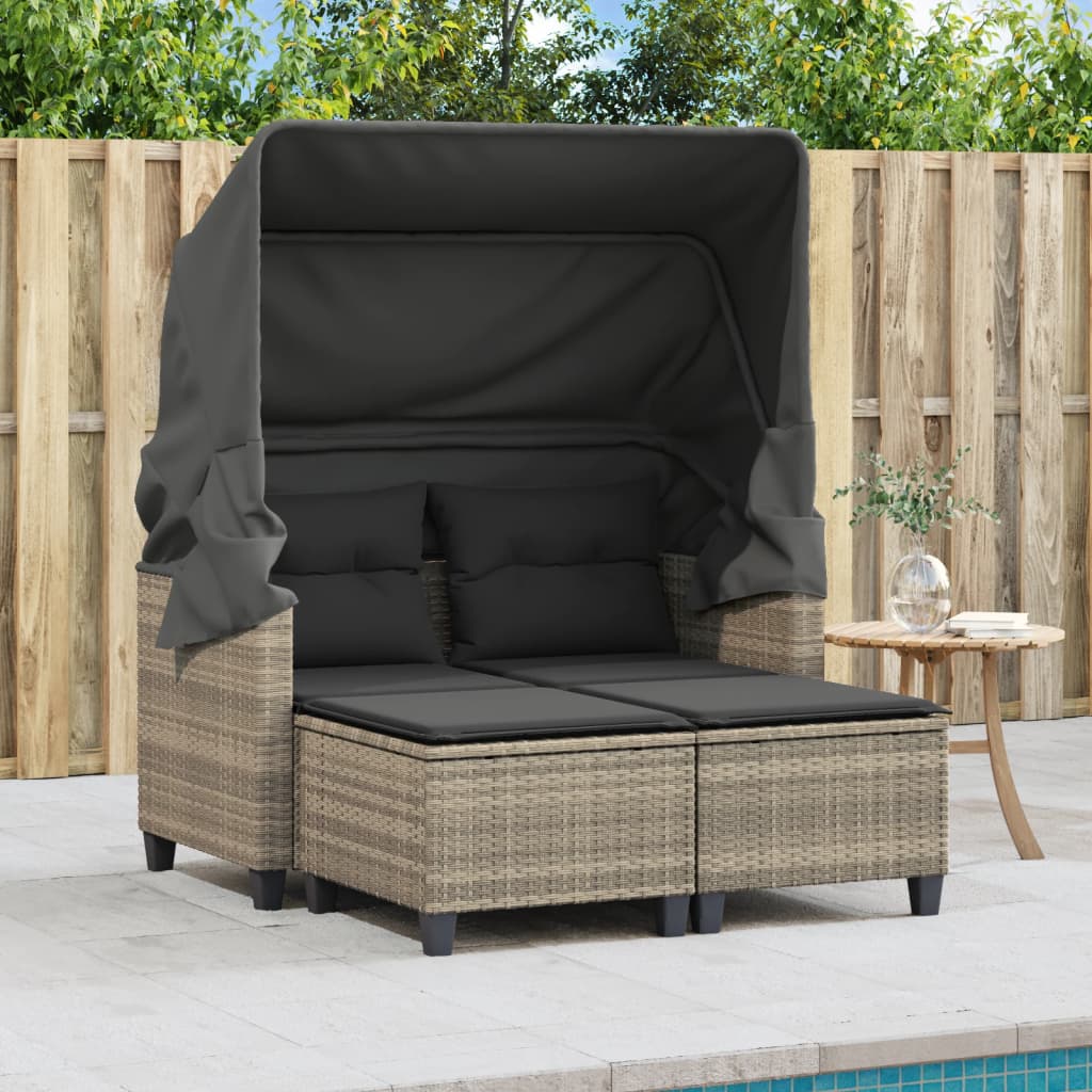 Garden Sofa 2-Seater with Roof and Stools Light Grey Poly Rattan
