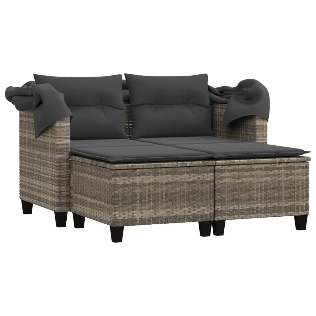 Garden Sofa 2-Seater with Roof and Stools Light Grey Poly Rattan