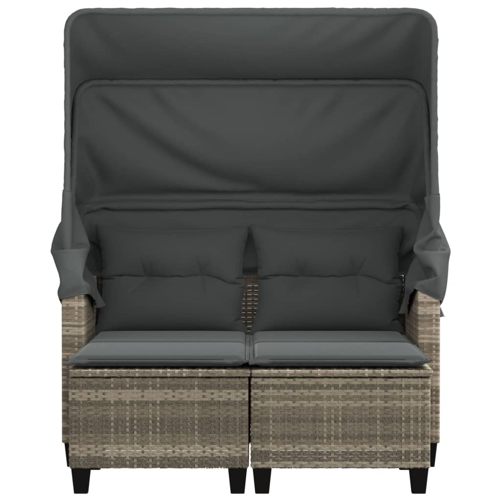 Garden Sofa 2-Seater with Roof and Stools Light Grey Poly Rattan