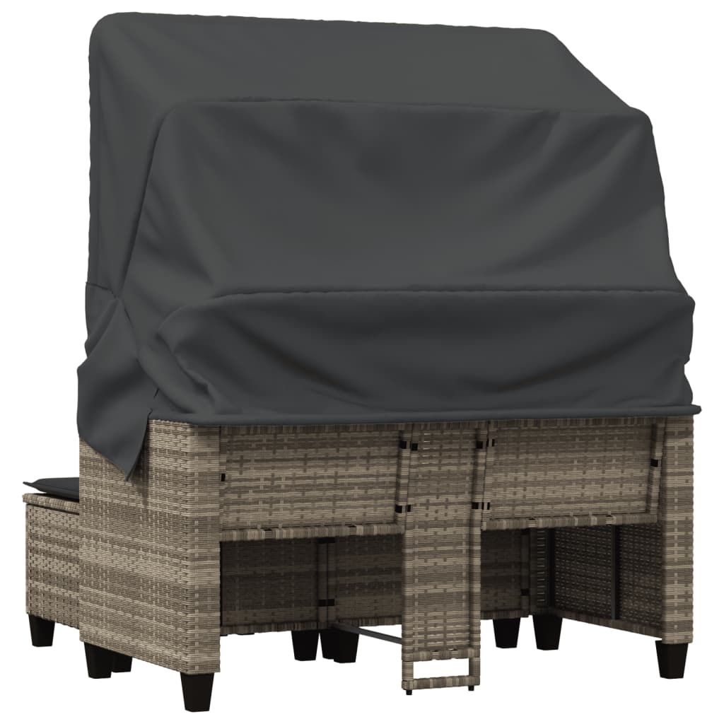 Garden Sofa 2-Seater with Roof and Stools Light Grey Poly Rattan