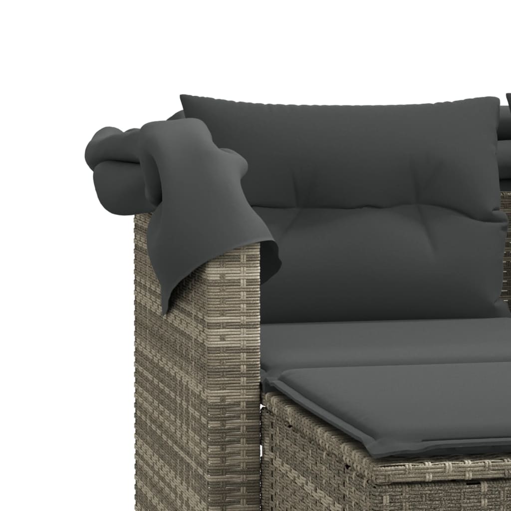 Garden Sofa 2-Seater with Roof and Stools Light Grey Poly Rattan