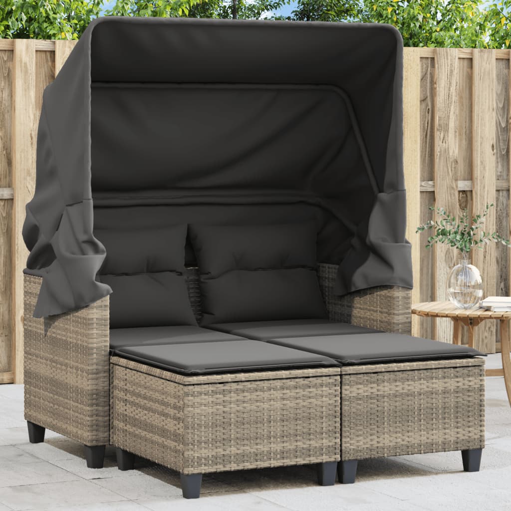 Garden Sofa 2-Seater with Roof and Stools Light Grey Poly Rattan