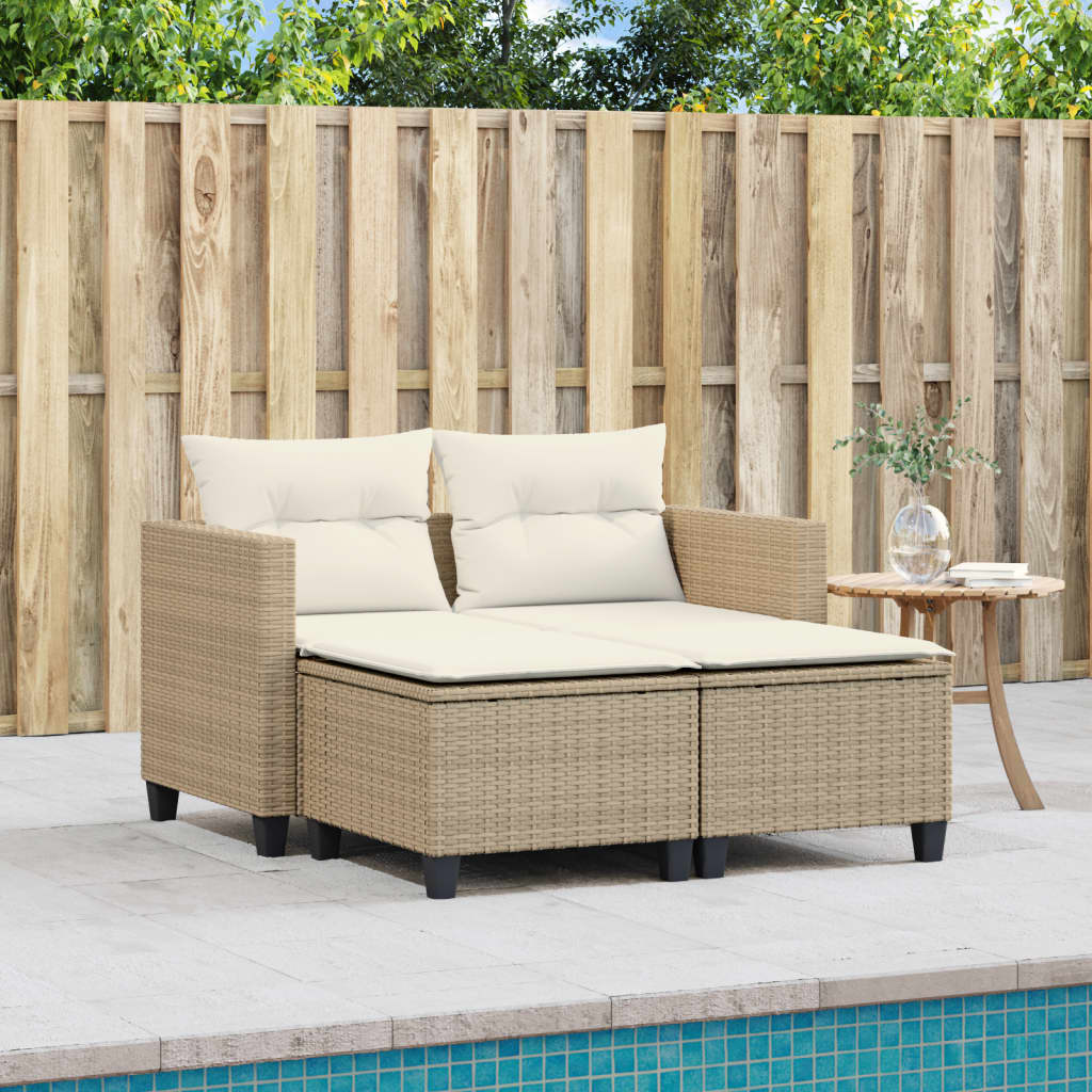 Garden Sofa 2-Seater with Stools Beige Poly Rattan