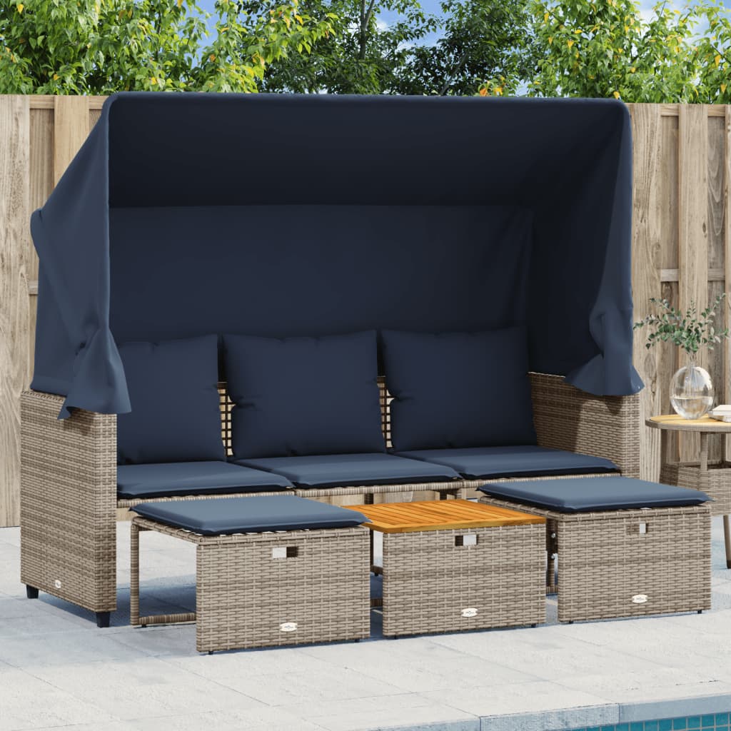 Gartensofa 3-Sitzer mit Baldachin und Hockern Grau Poly Rattan