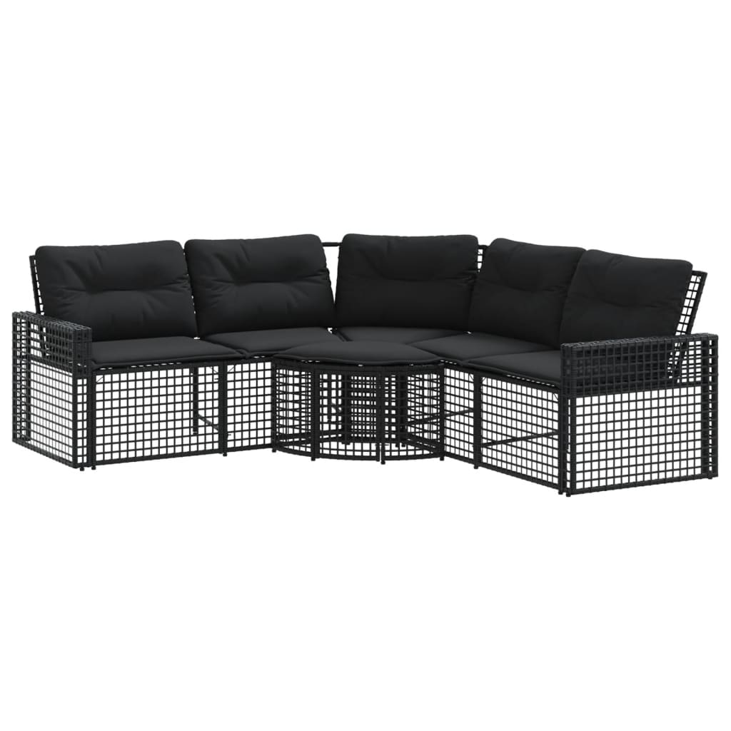 L-shaped garden sofa with cushions and footstool black poly rattan