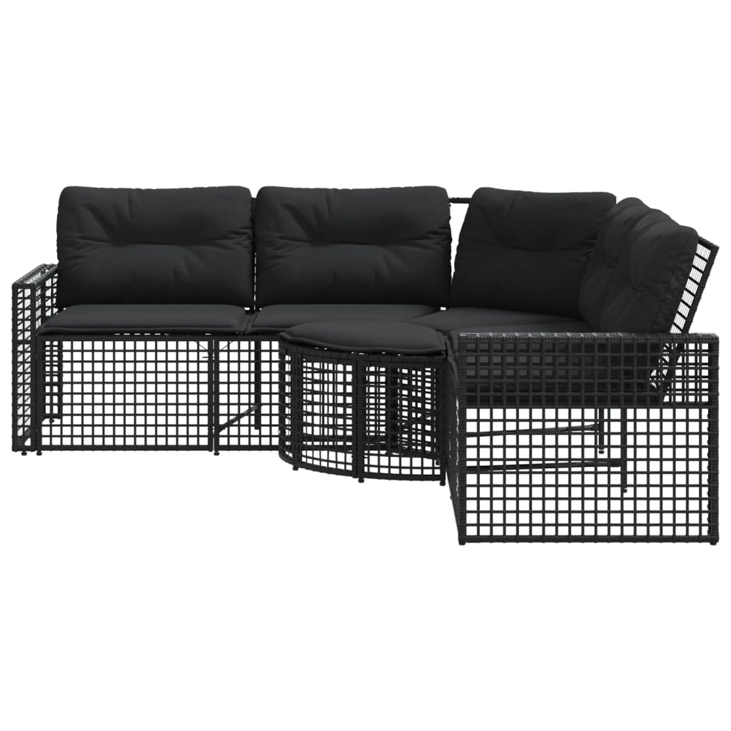 L-shaped garden sofa with cushions and footstool black poly rattan