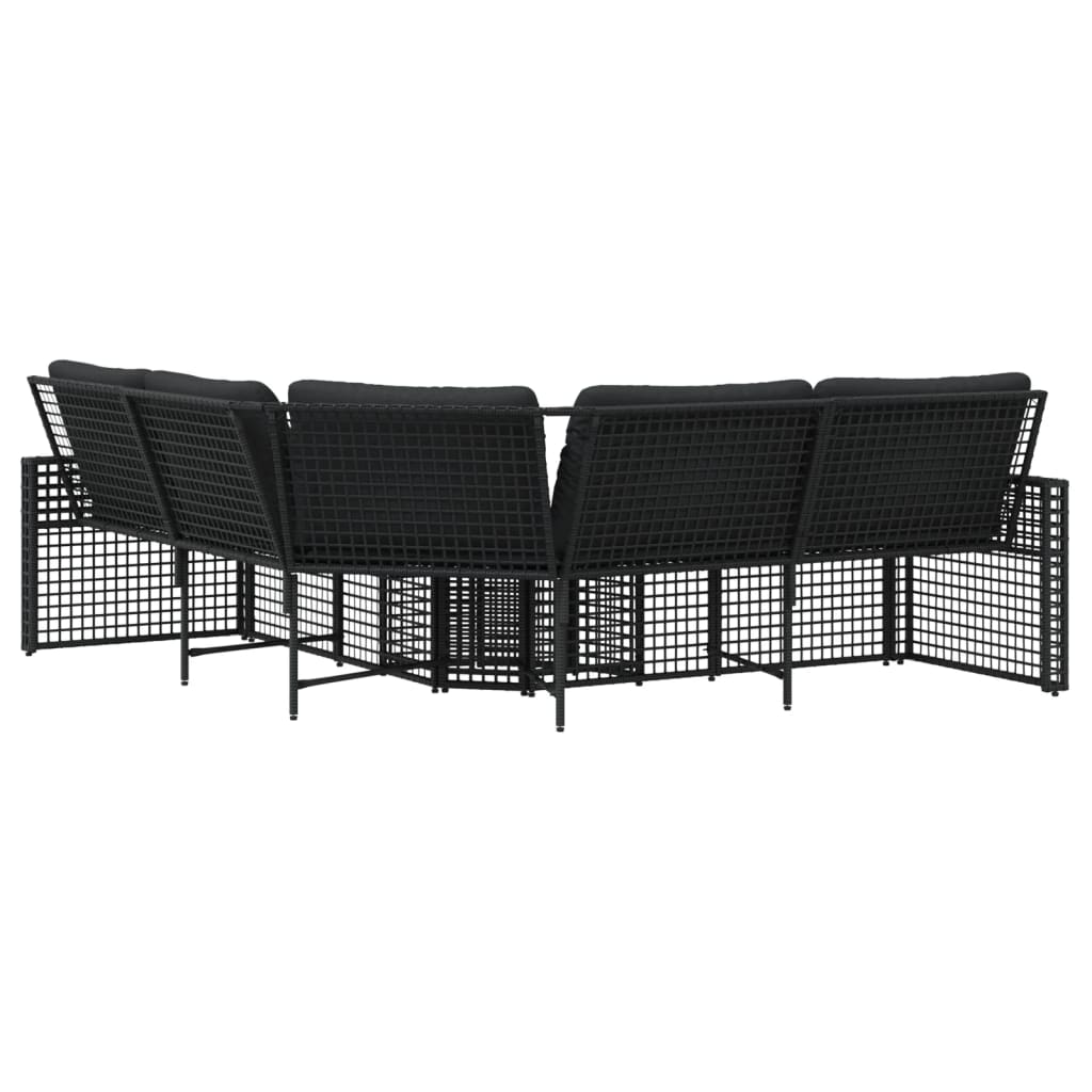 L-shaped garden sofa with cushions and footstool black poly rattan