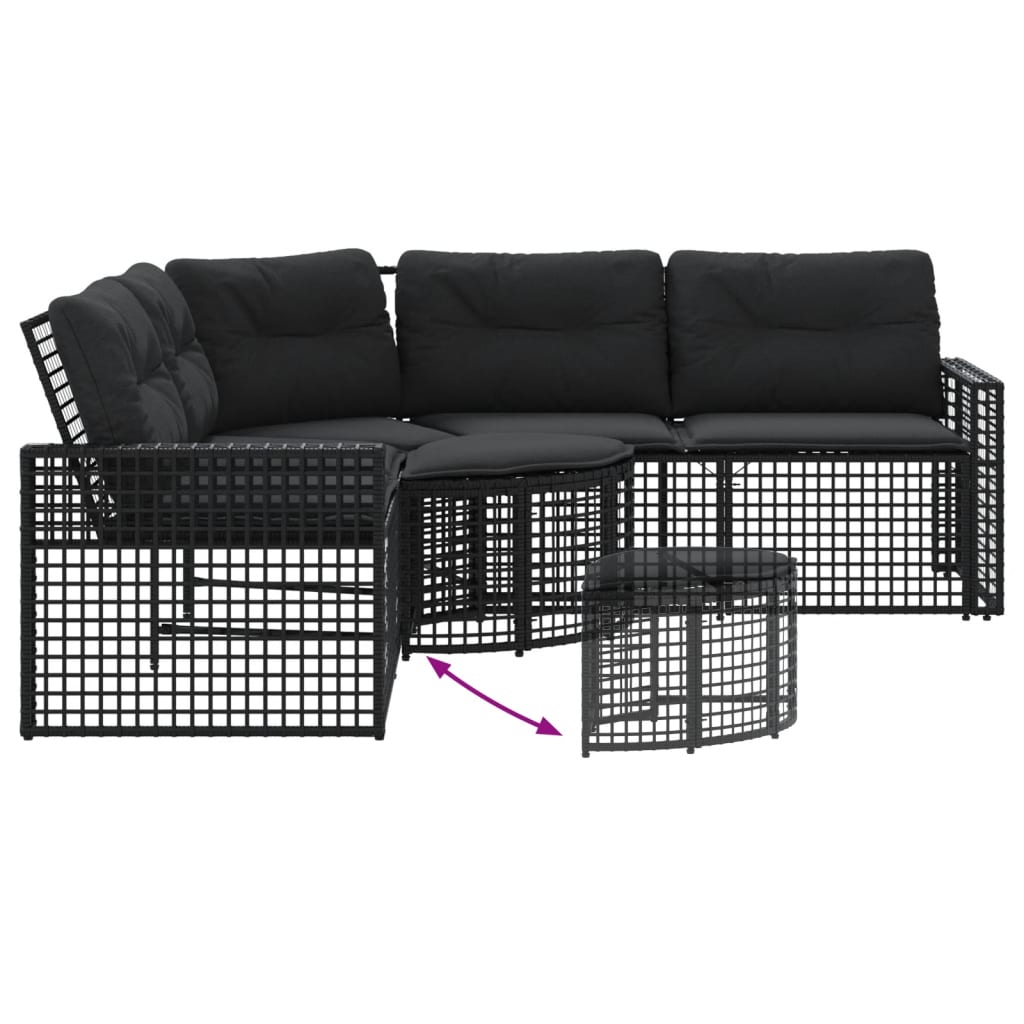 L-shaped garden sofa with cushions and footstool black poly rattan