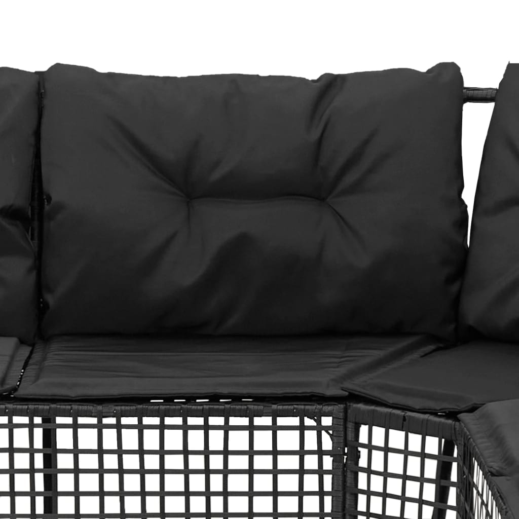 L-shaped garden sofa with cushions and footstool black poly rattan