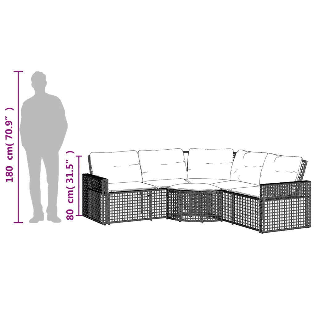 L-shaped garden sofa with cushions and footstool black poly rattan