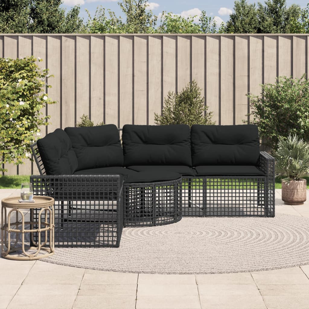 L-shaped garden sofa with cushions and footstool black poly rattan