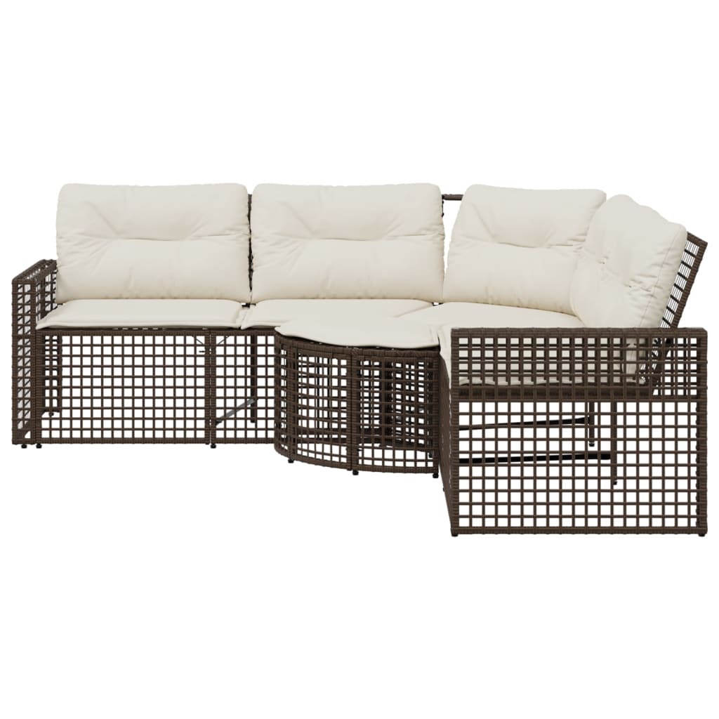 L-shaped garden sofa with cushions and footstool brown poly rattan