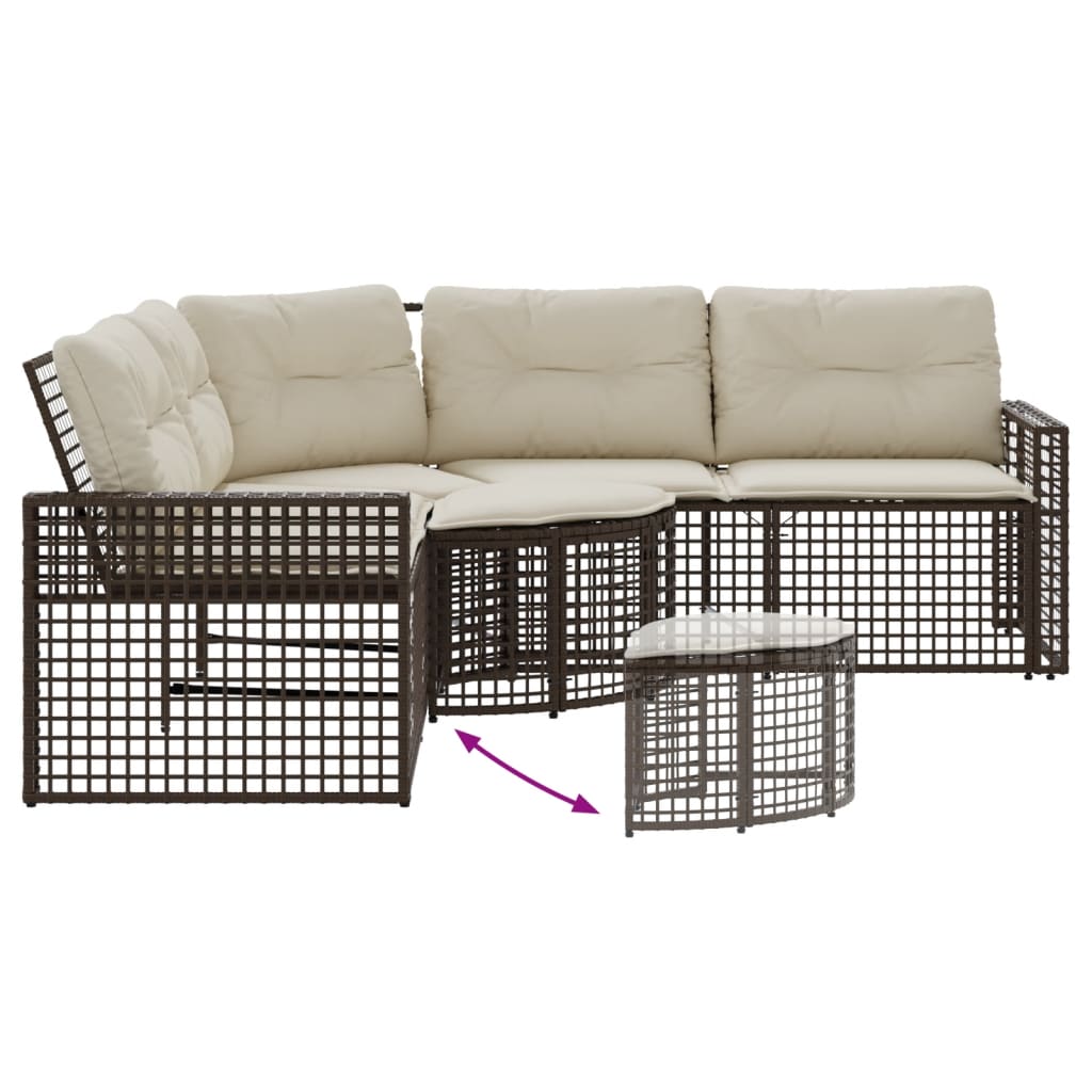L-shaped garden sofa with cushions and footstool brown poly rattan