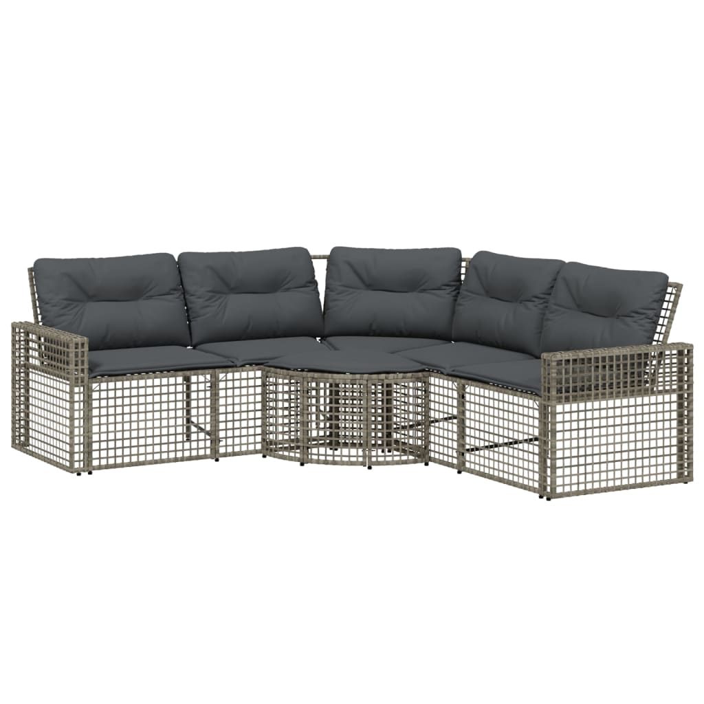 L-shaped garden sofa with cushions and footstool, grey poly rattan