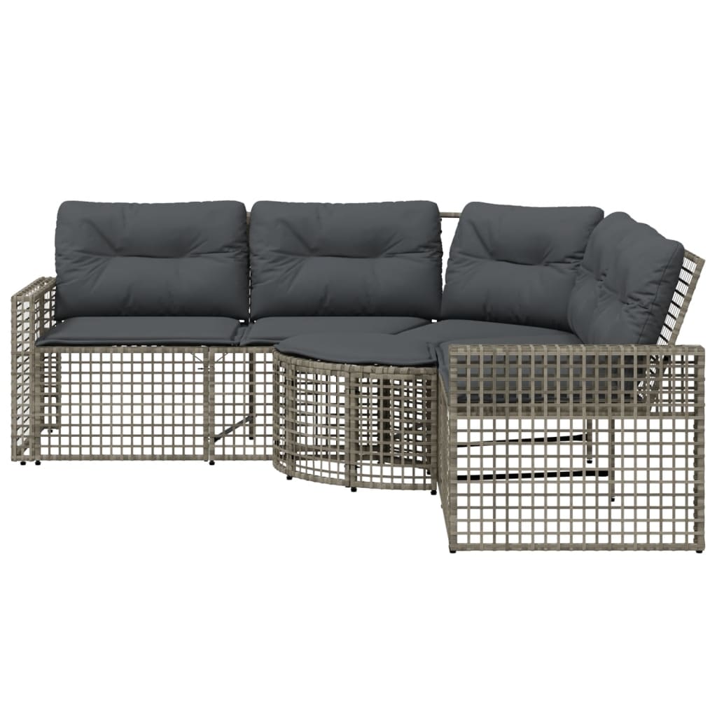 L-shaped garden sofa with cushions and footstool, grey poly rattan