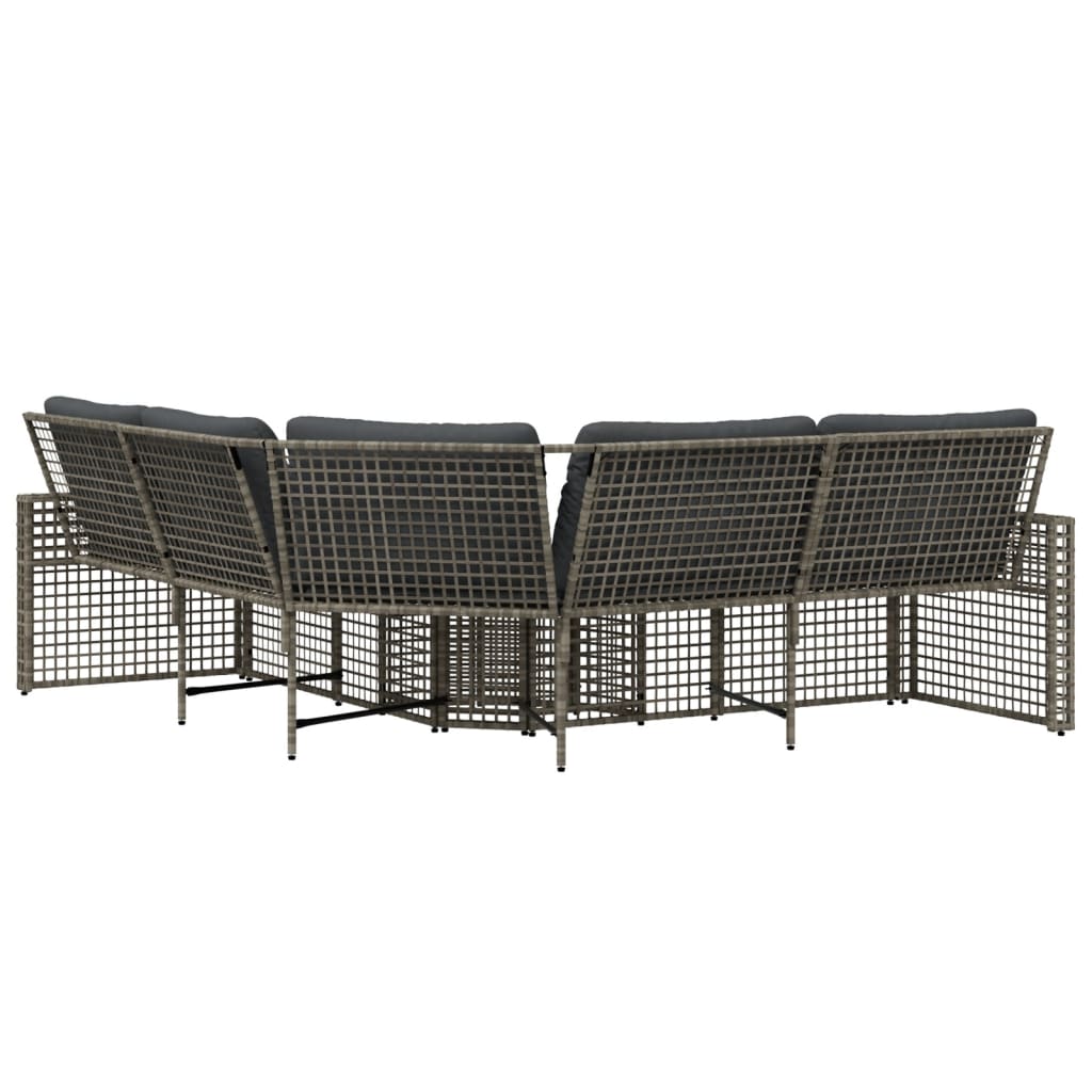 L-shaped garden sofa with cushions and footstool, grey poly rattan