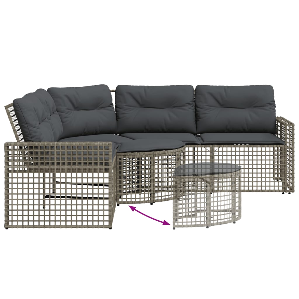 L-shaped garden sofa with cushions and footstool, grey poly rattan