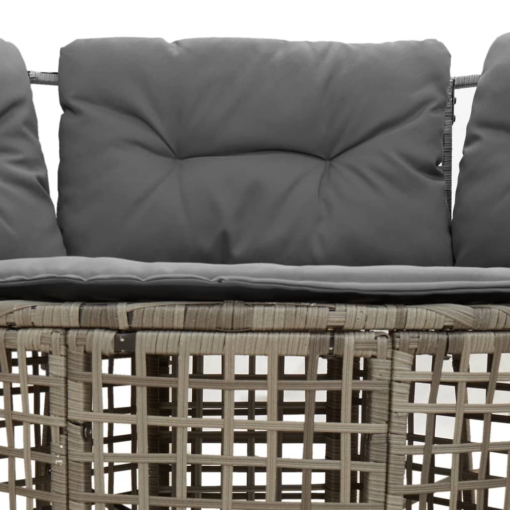 L-shaped garden sofa with cushions and footstool, grey poly rattan
