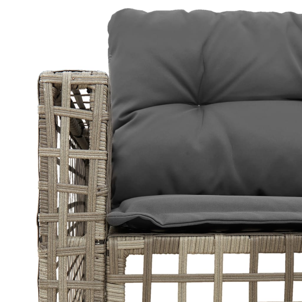 L-shaped garden sofa with cushions and footstool, grey poly rattan