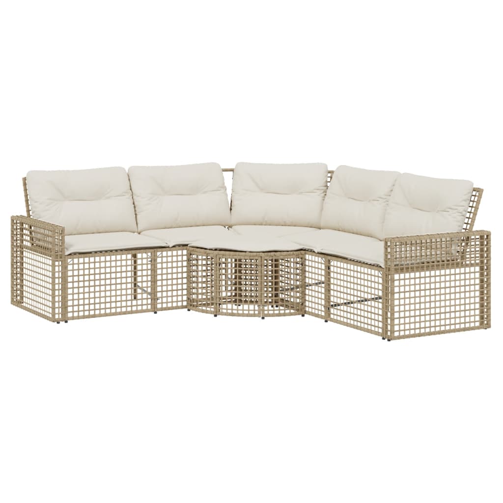 L-shaped garden sofa with cushions and footstool beige poly rattan