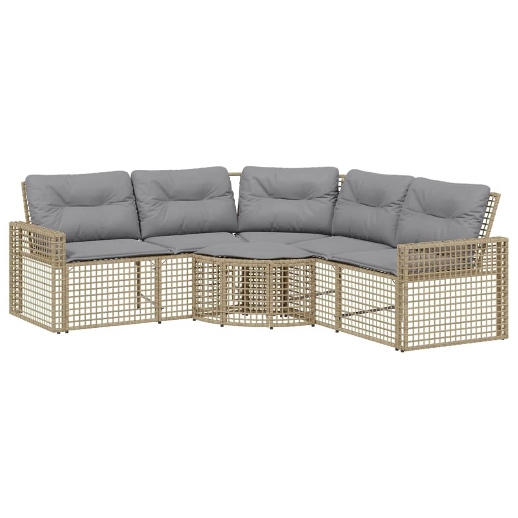 L-shaped garden sofa with cushions and footstool beige poly rattan