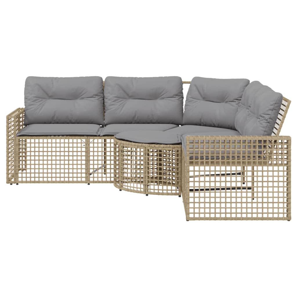 L-shaped garden sofa with cushions and footstool beige poly rattan
