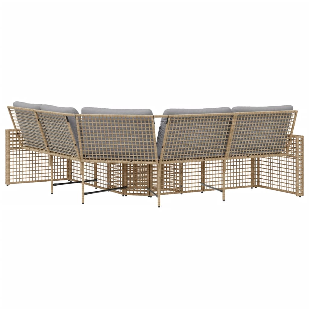 L-shaped garden sofa with cushions and footstool beige poly rattan
