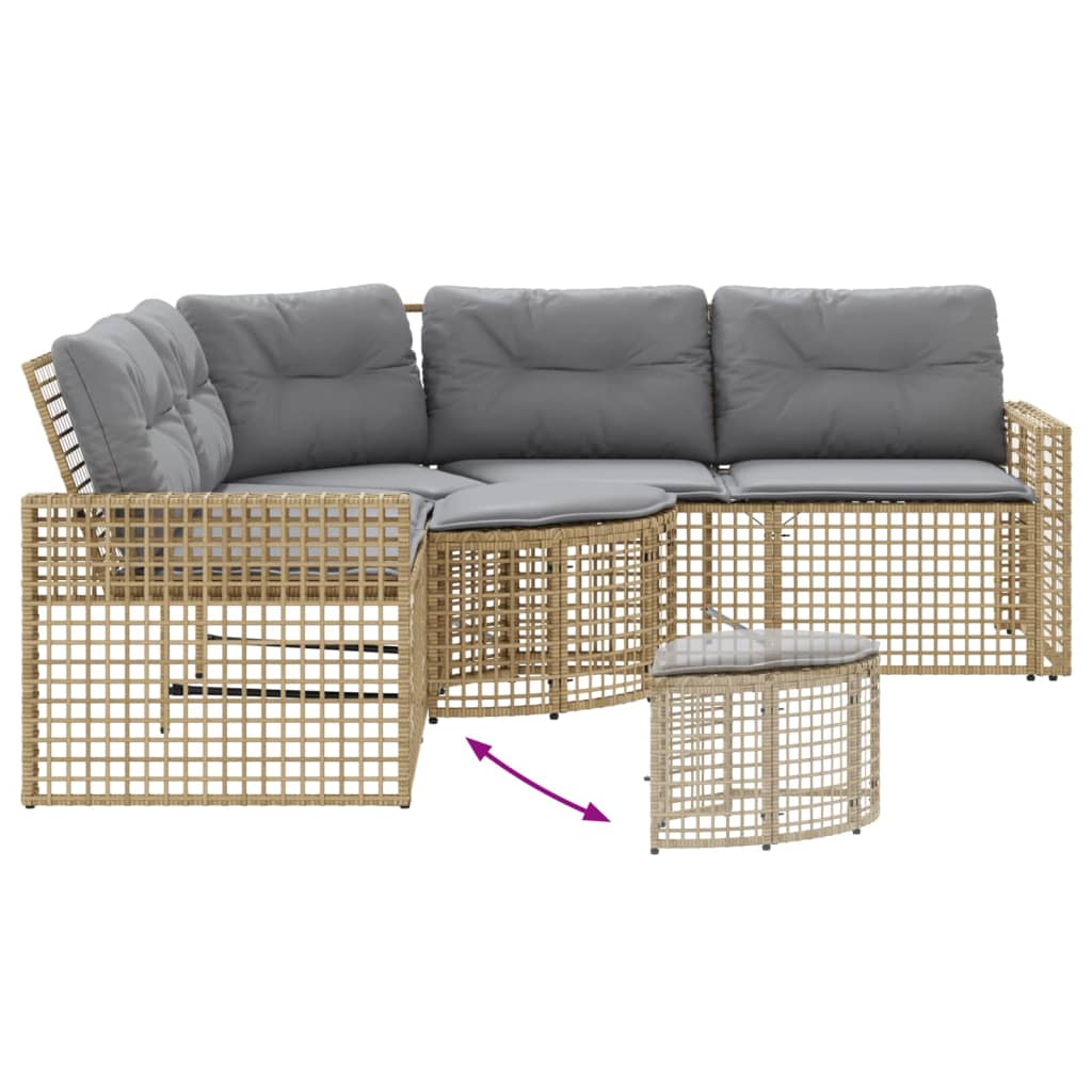 L-shaped garden sofa with cushions and footstool beige poly rattan