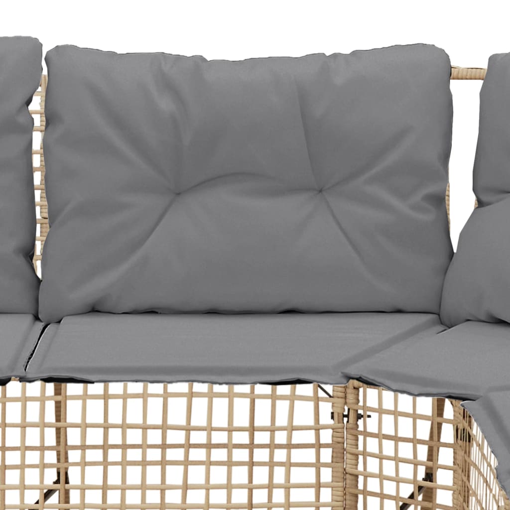 L-shaped garden sofa with cushions and footstool beige poly rattan
