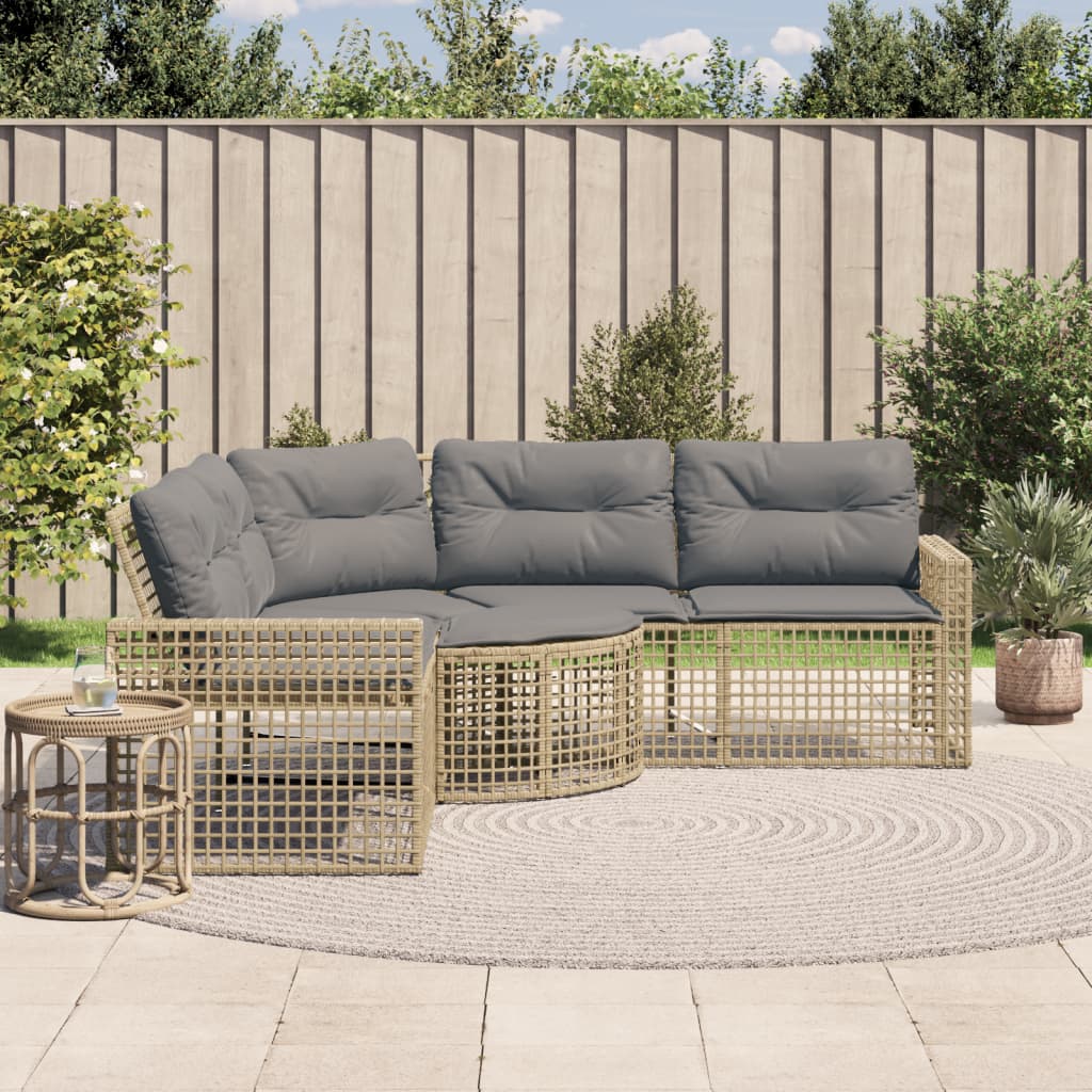 L-shaped garden sofa with cushions and footstool beige poly rattan