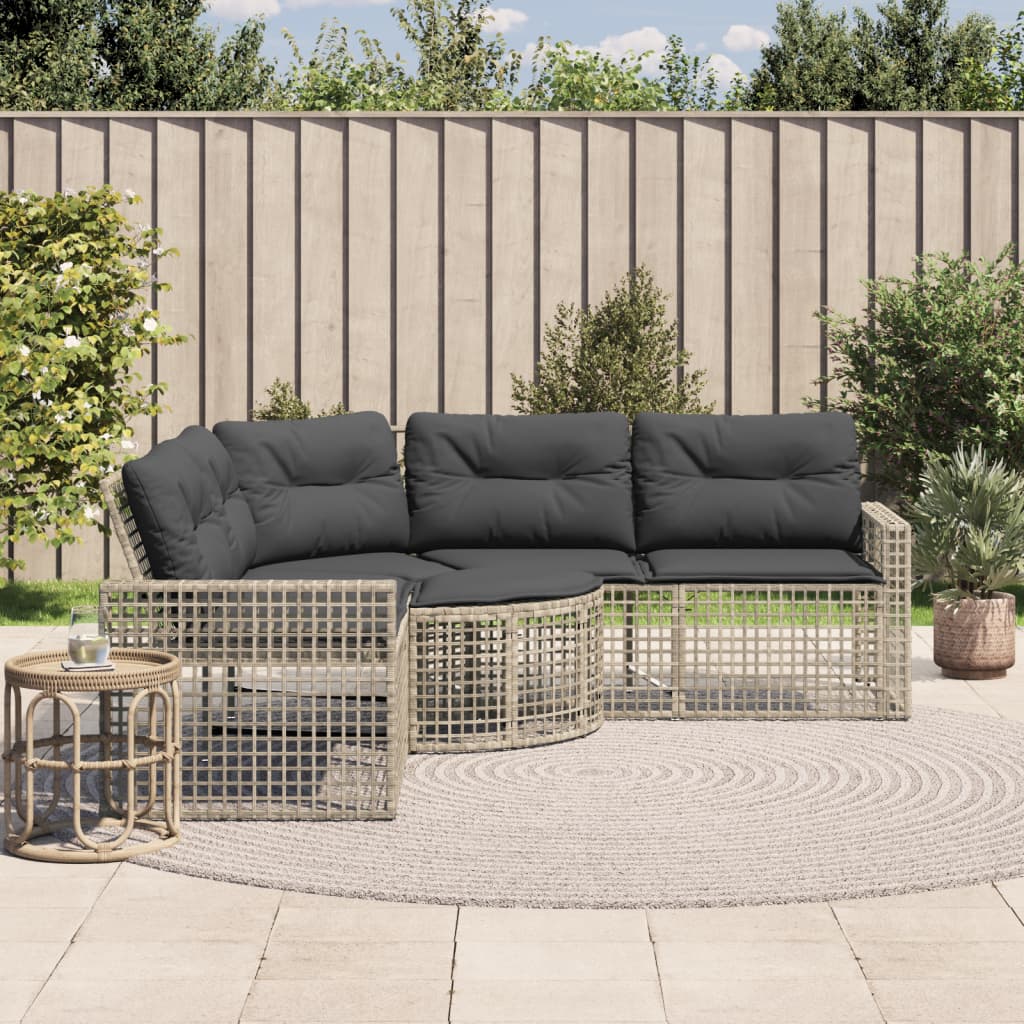 L-shaped garden sofa with cushions and footstool light grey polyrattan