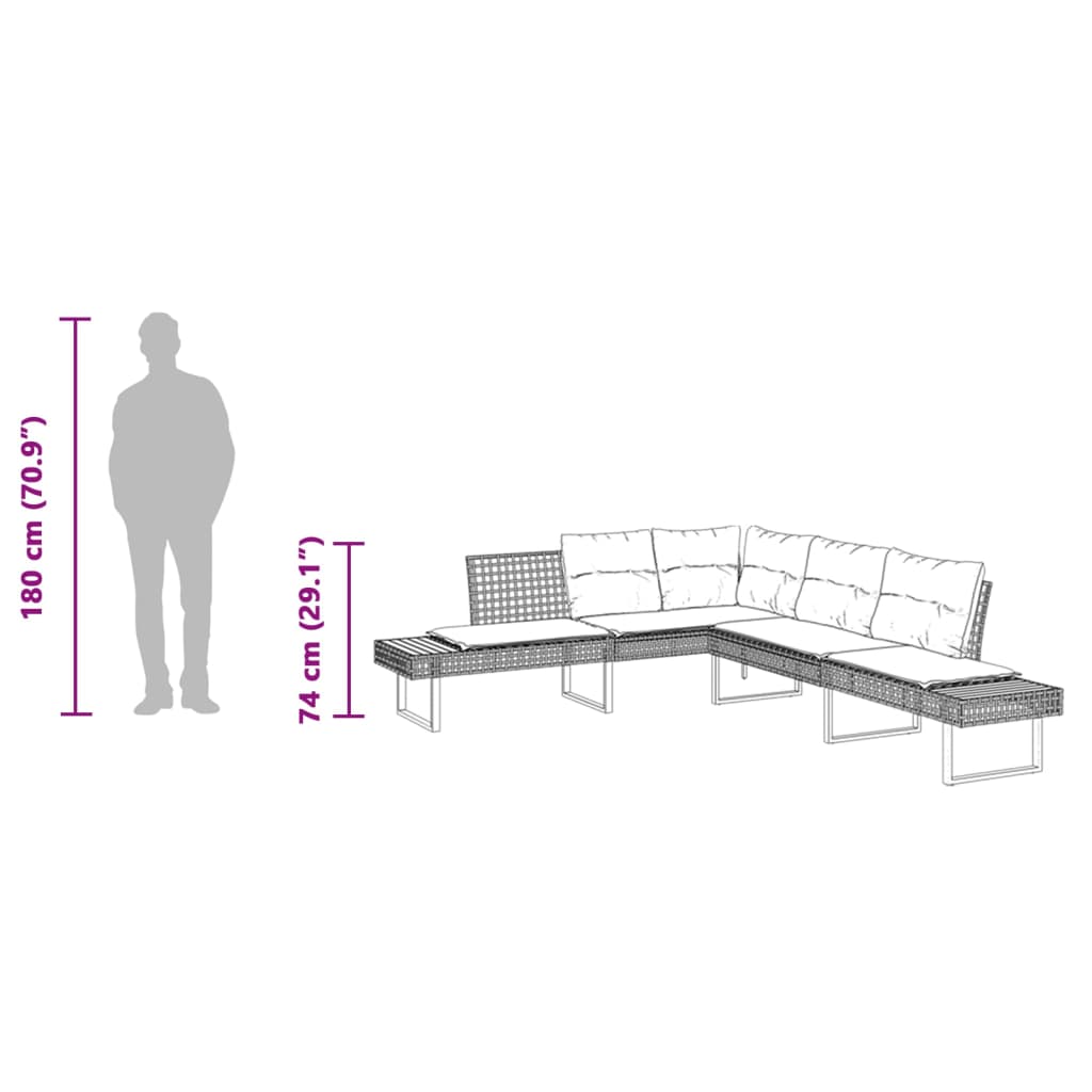 Garden sofa in L-shape with cushions black poly rattan and acacia