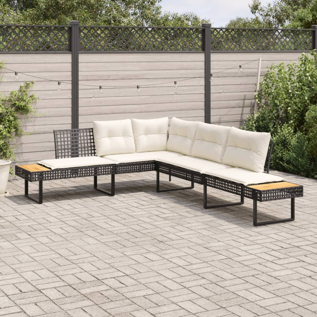 Garden sofa in L-shape with cushions black poly rattan and acacia