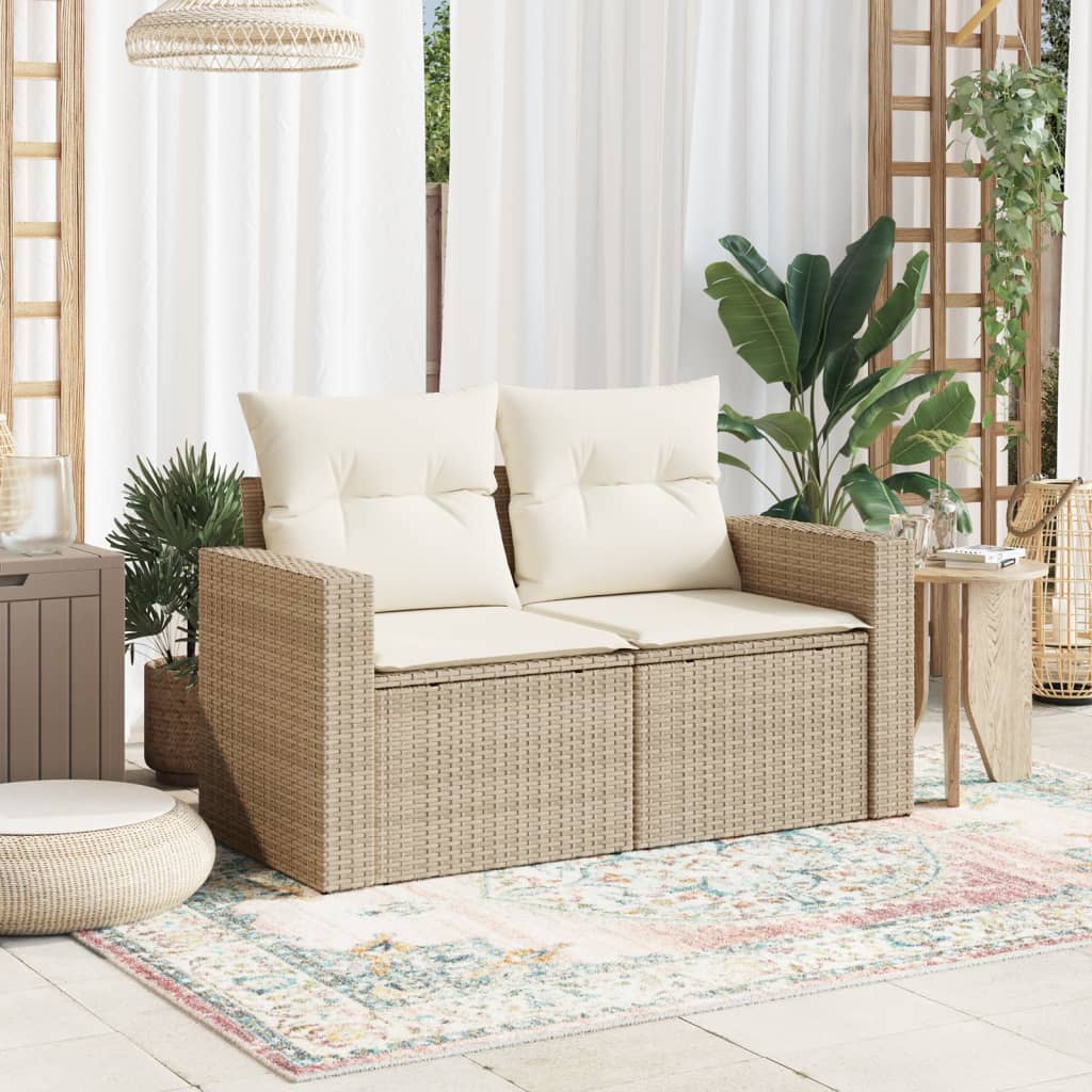 Garden Sofa with Cushions 2-Seater Beige Poly Rattan