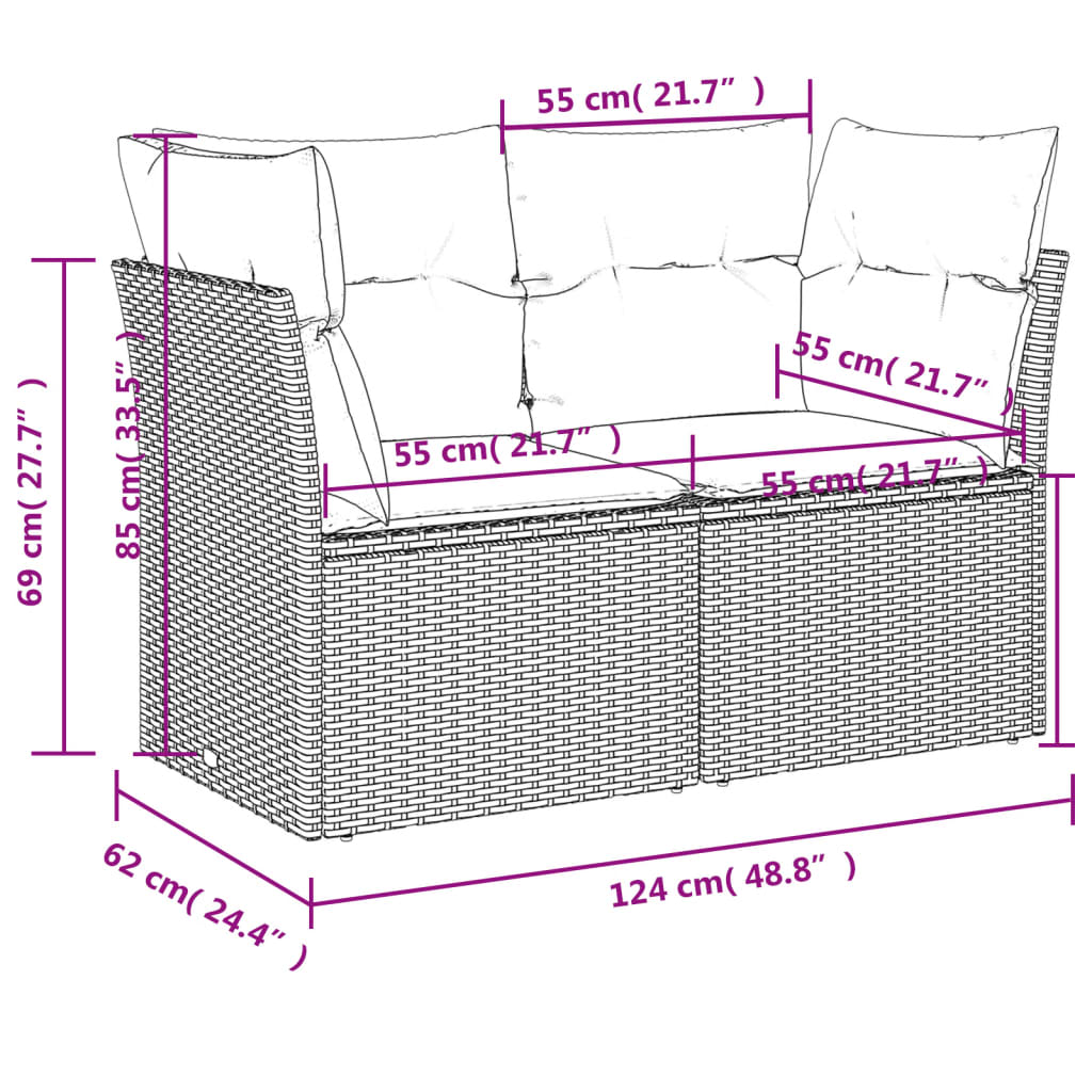 Garden Sofa 2-Seater with Cushions Grey Poly Rattan