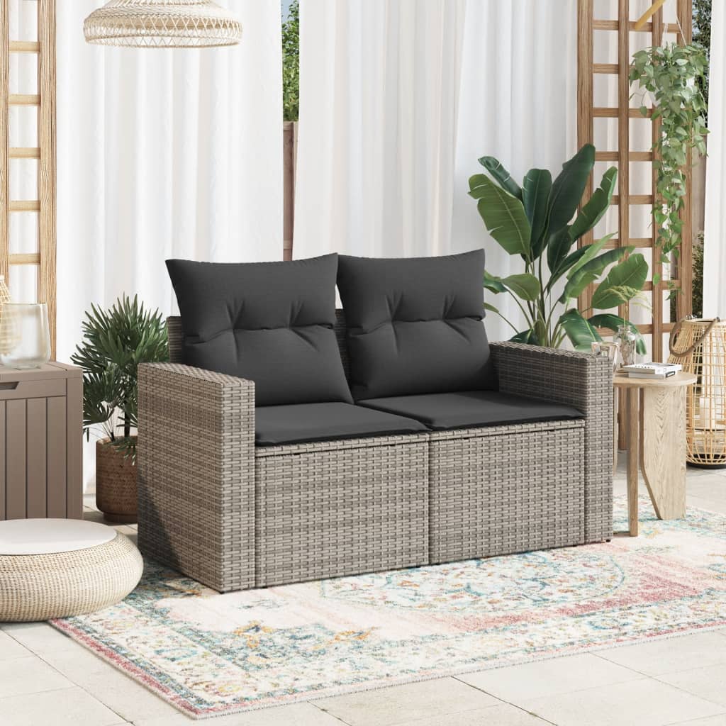 Garden Sofa 2-Seater with Cushions Grey Poly Rattan