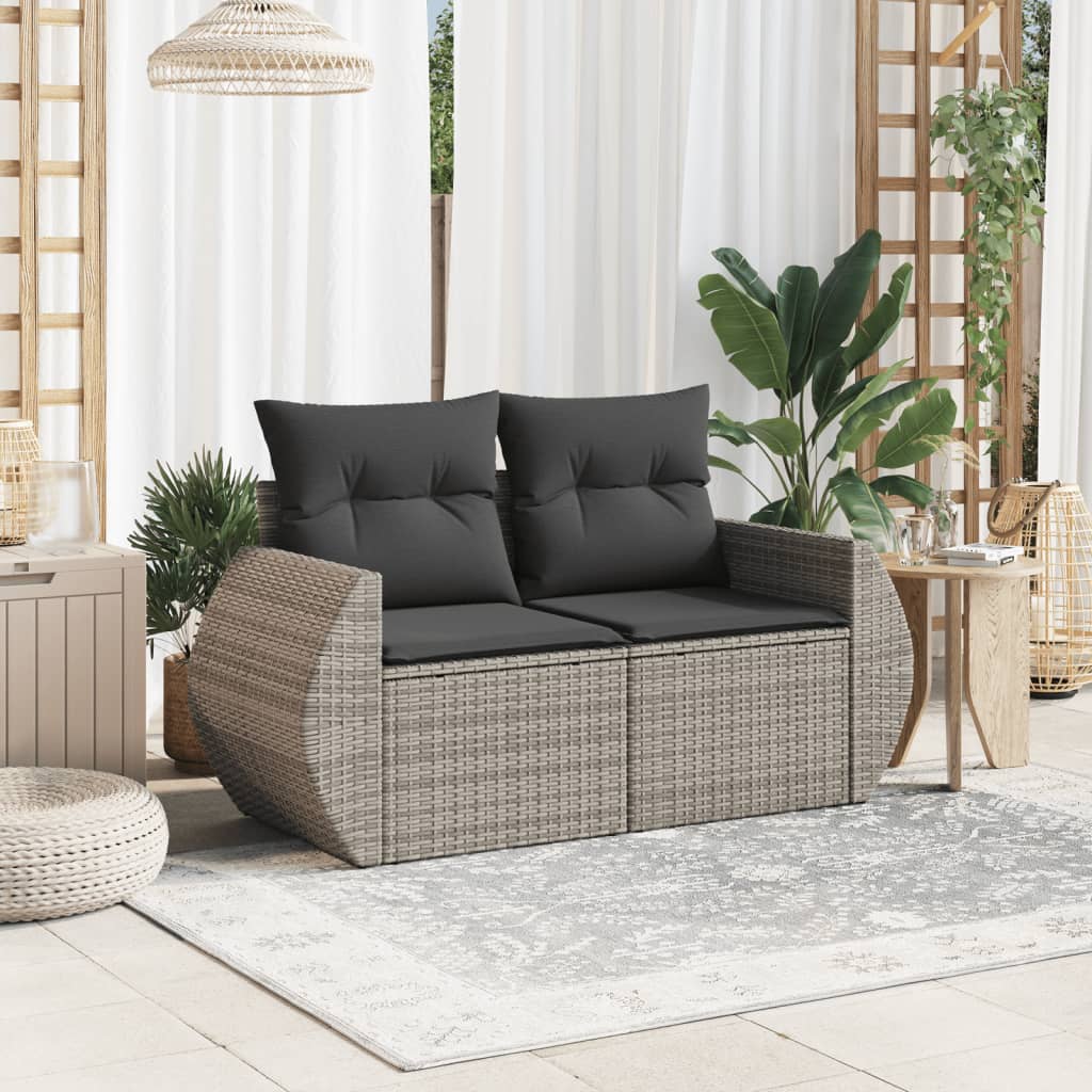 Garden Sofa 2-Seater with Cushions Grey Poly Rattan