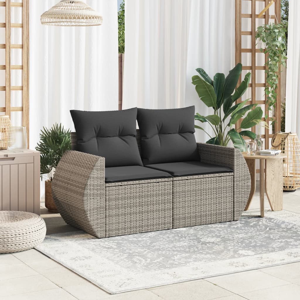 Garden Sofa 2-Seater with Cushions Grey Poly Rattan