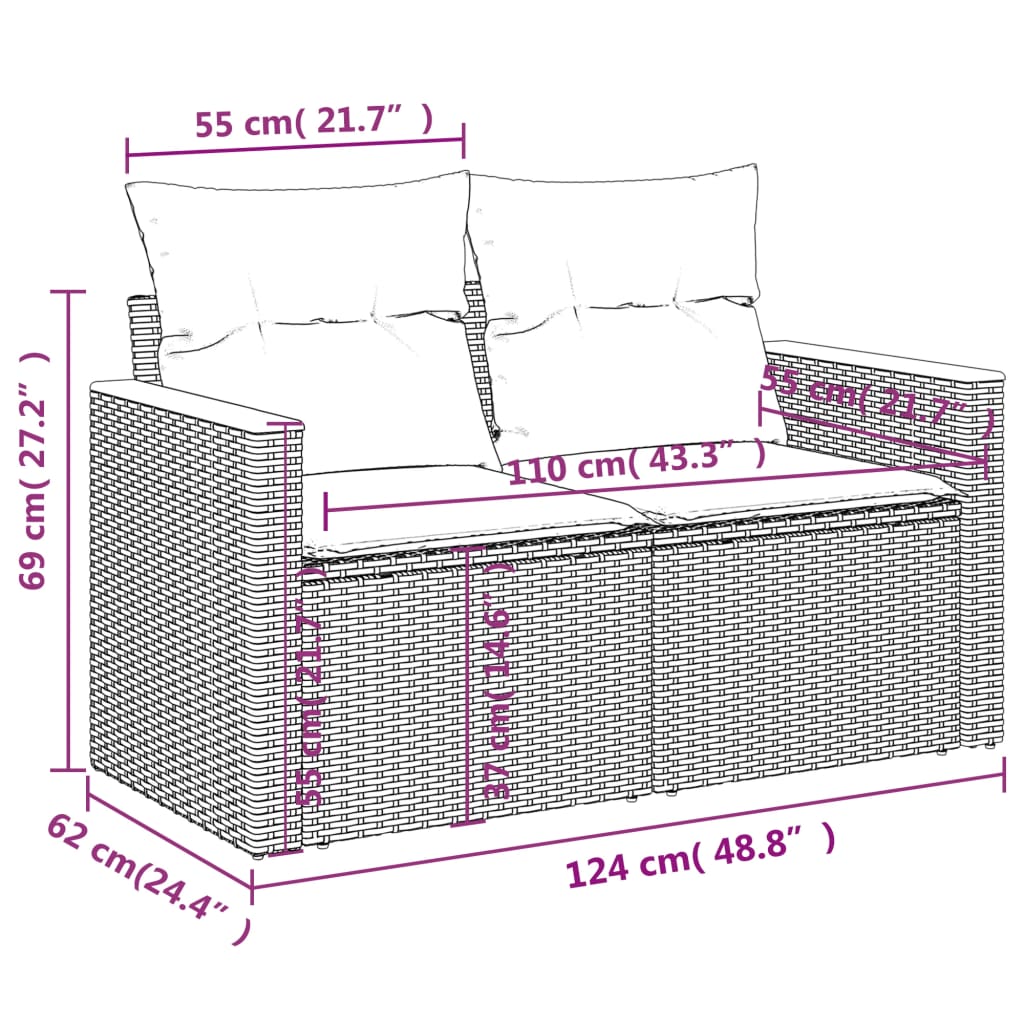 Garden Sofa 2-Seater with Cushions Grey Poly Rattan