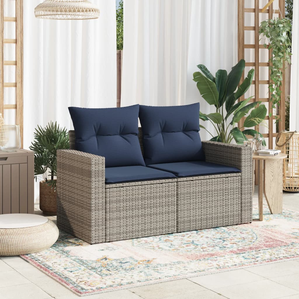 Gartensofa 2-Sitzer mit Kissen Grau Poly Rattan