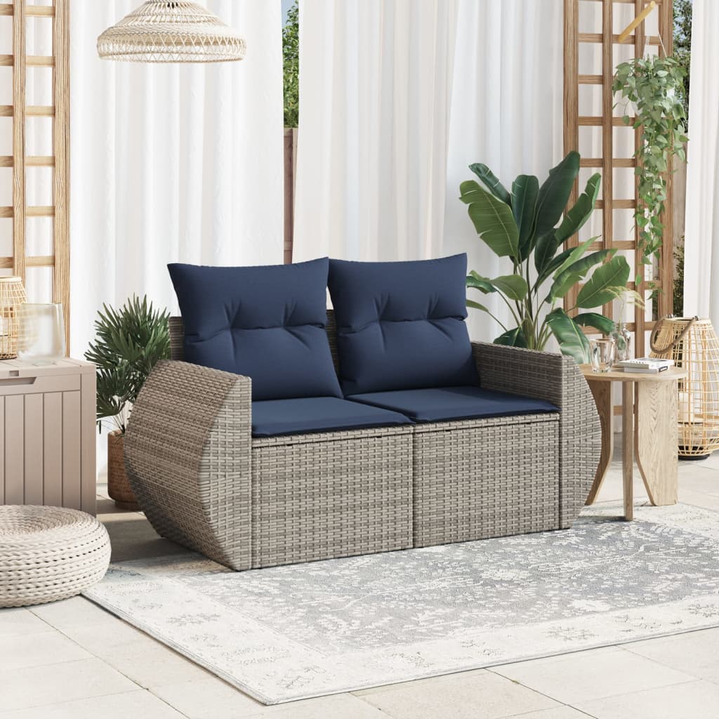 Gartensofa 2-Sitzer mit Kissen Grau Poly Rattan