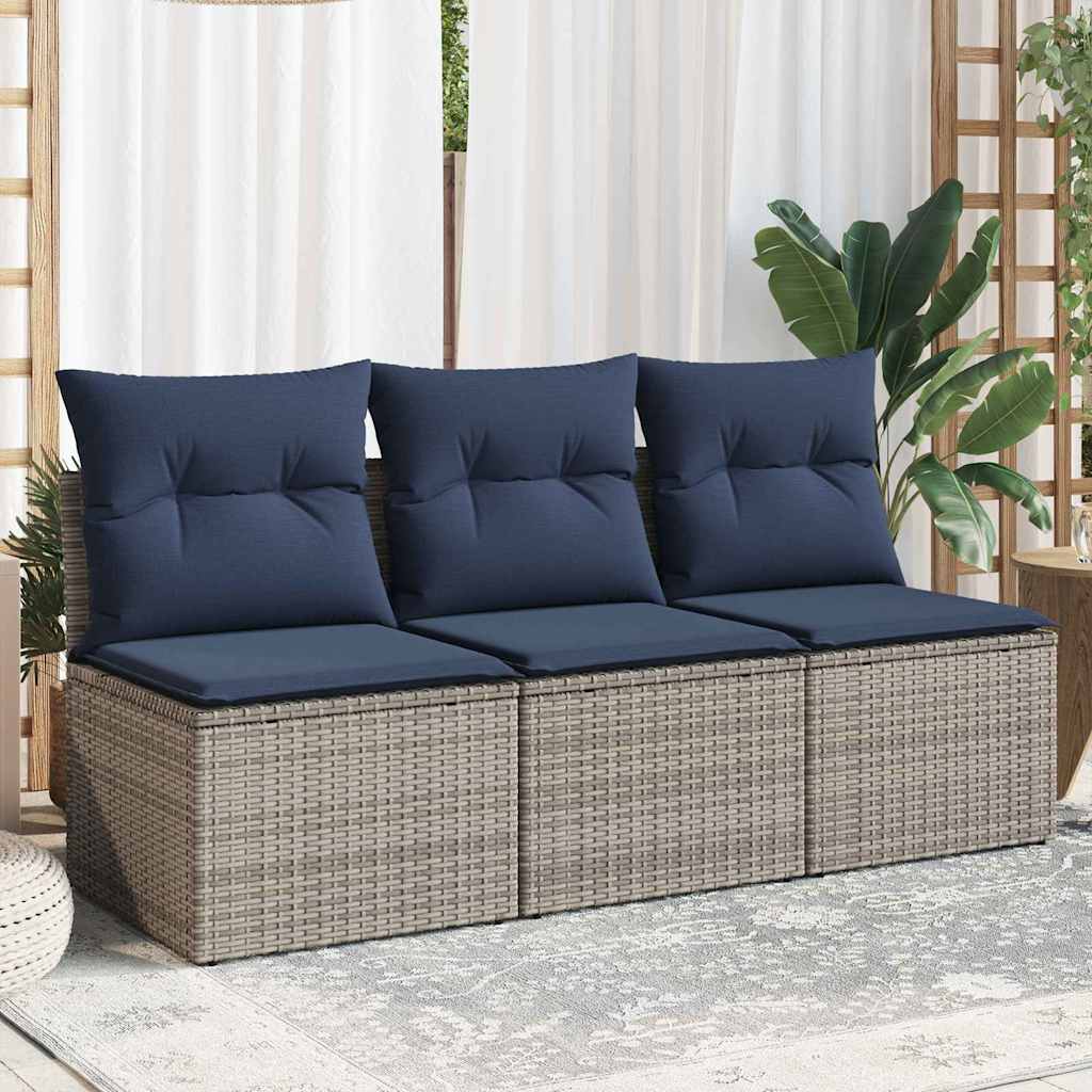 Gartensofa mit Kissen 3-Sitzer Grau Poly Rattan