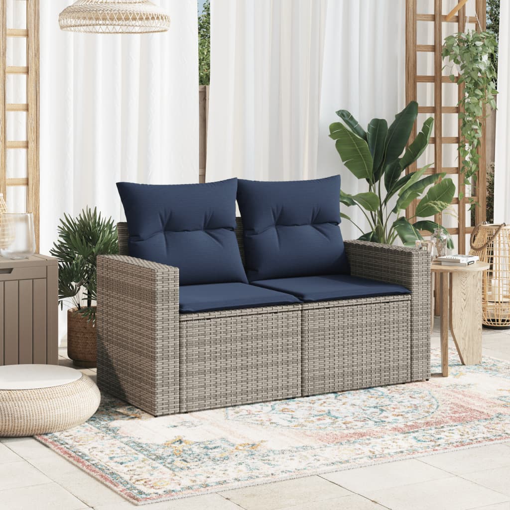 Gartensofa 2-Sitzer mit Kissen Grau Poly Rattan