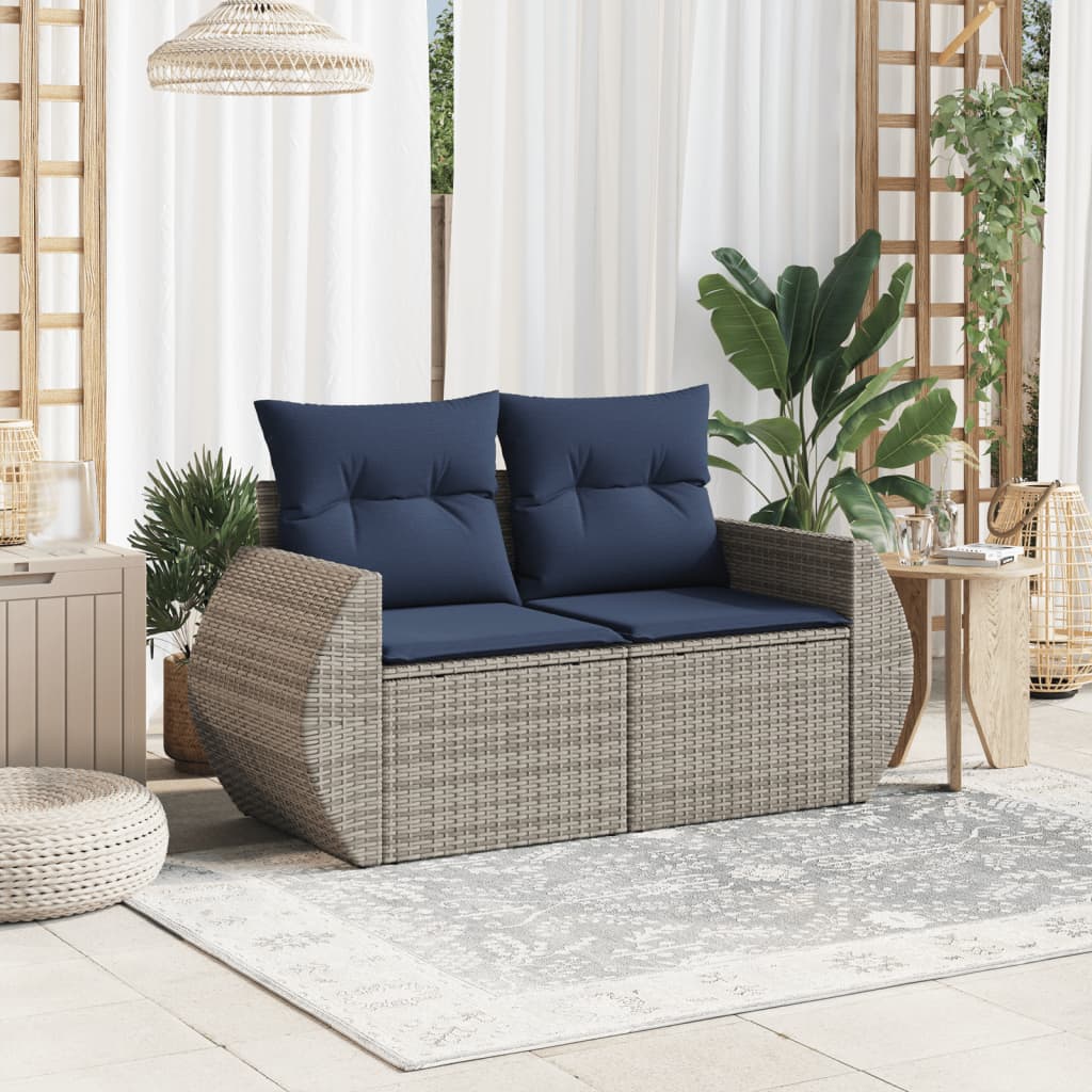Gartensofa 2-Sitzer mit Kissen Grau Poly Rattan