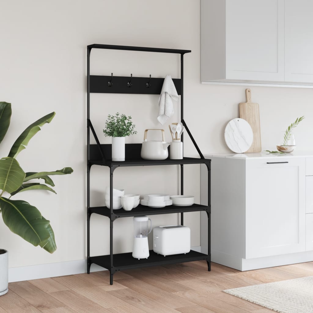 Baker's rack with hooks 4 shelves black wood material