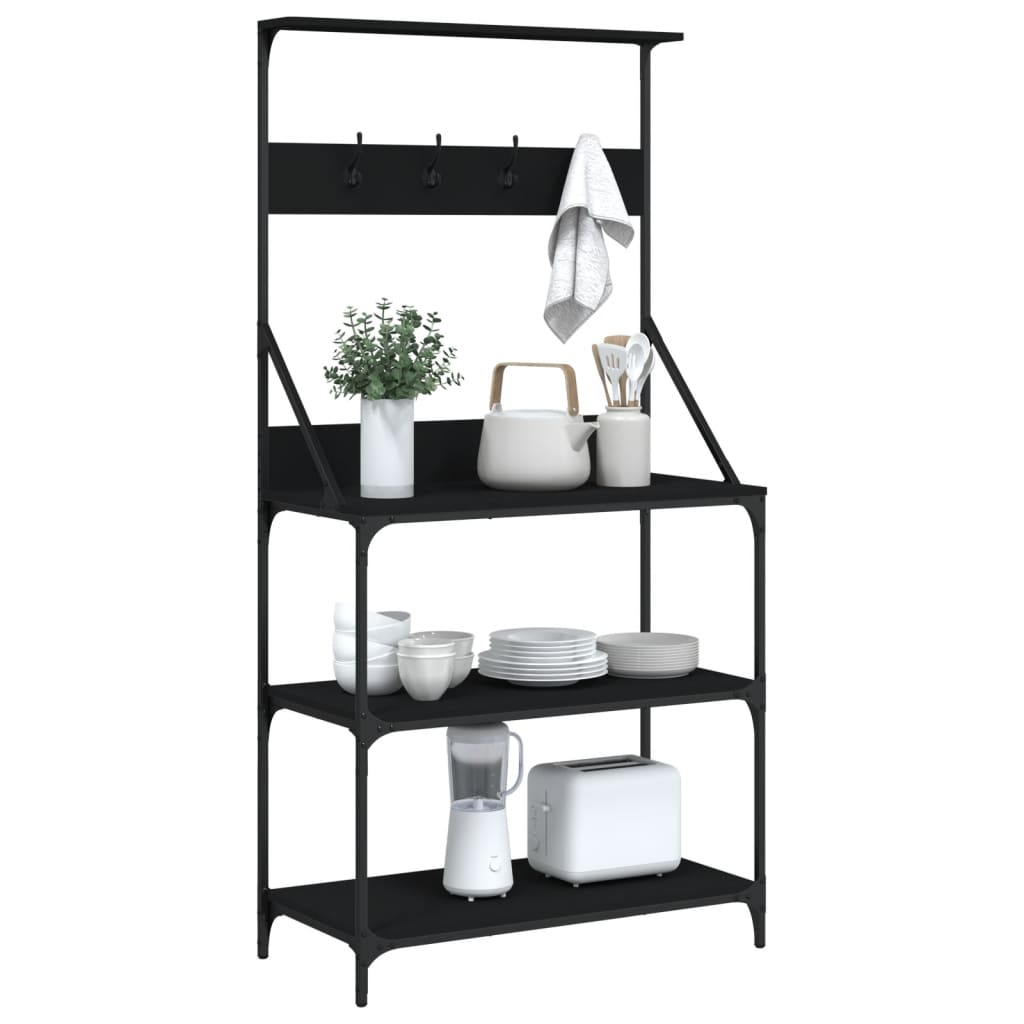 Baker's rack with hooks 4 shelves black wood material