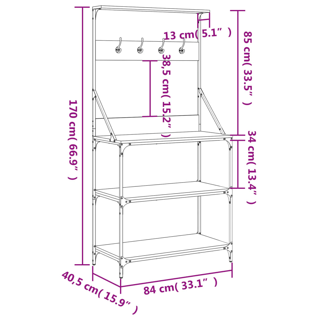 Baker's rack with hooks 4 shelves black wood material