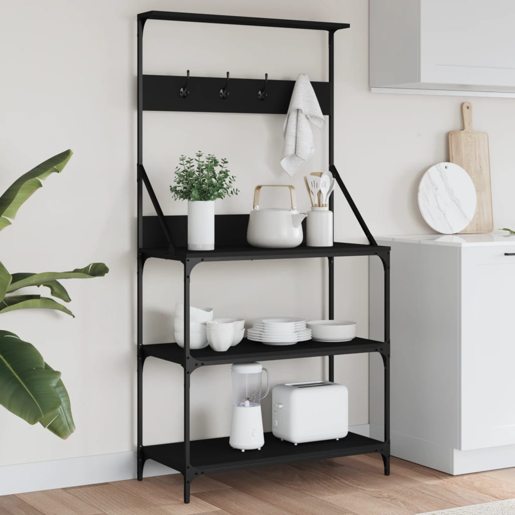 Baker's rack with hooks 4 shelves black wood material