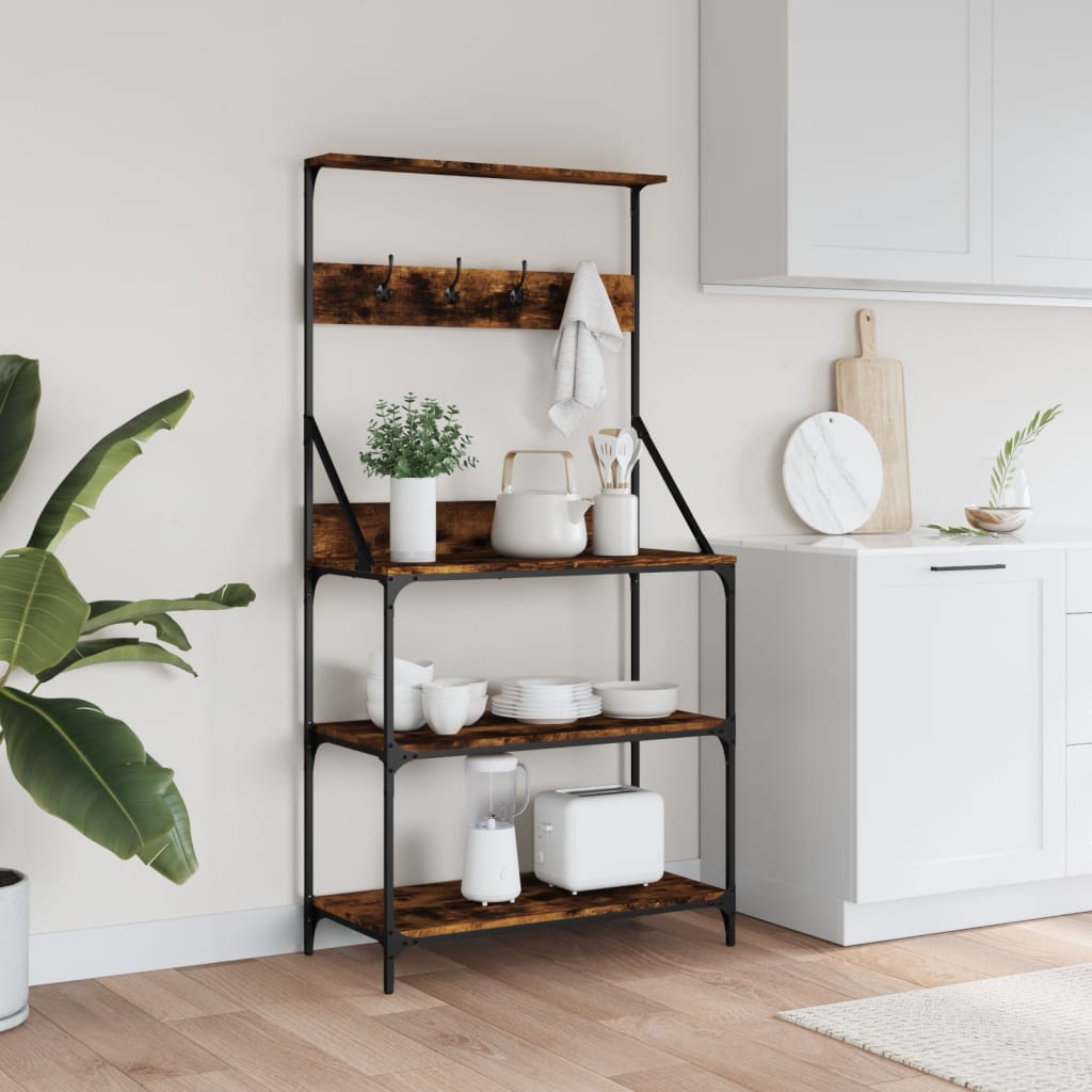 Baker's shelf with hooks 4 shelves smoked oak wood material