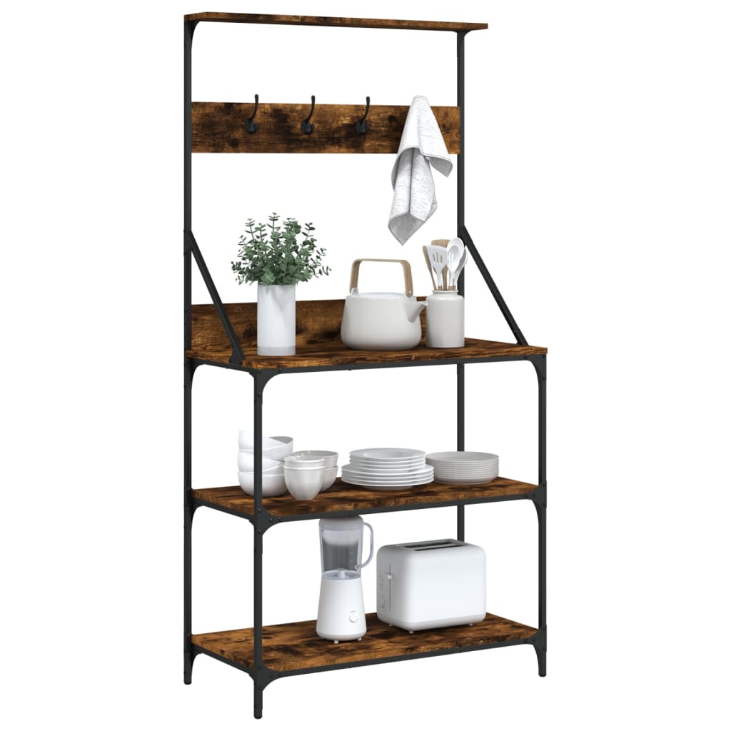 Baker's shelf with hooks 4 shelves smoked oak wood material
